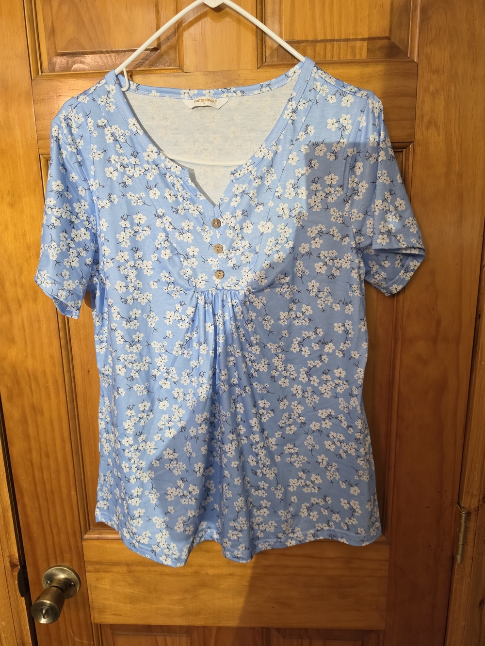 Sky Blue Floral Short Sleeve V-Neck Top